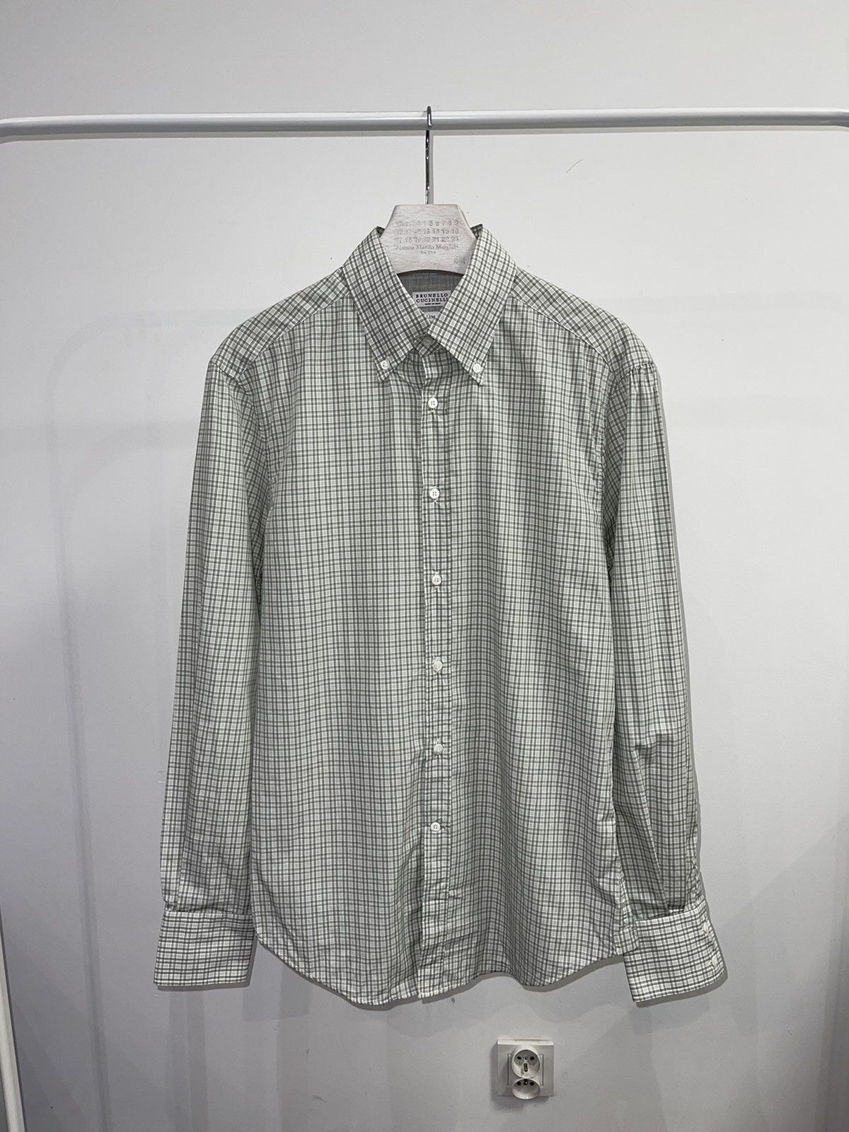 image of Brunello Cucinelli Checkered Green Button Up Shirt, Men's (Size Small)