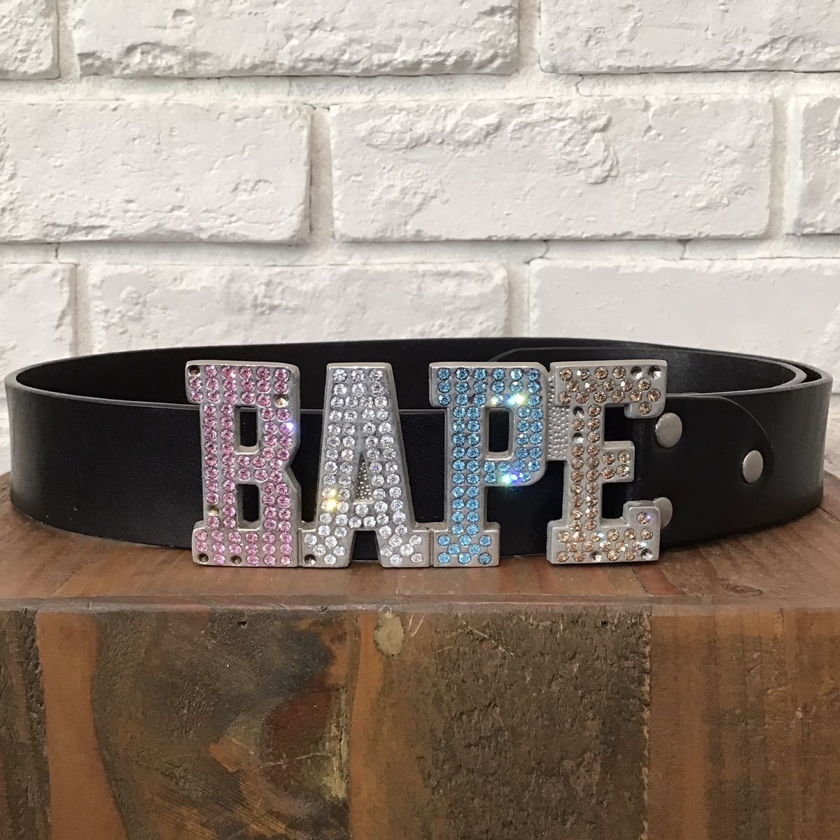 Bape BAPE Swarovski BAPE logo leather belt black | Grailed