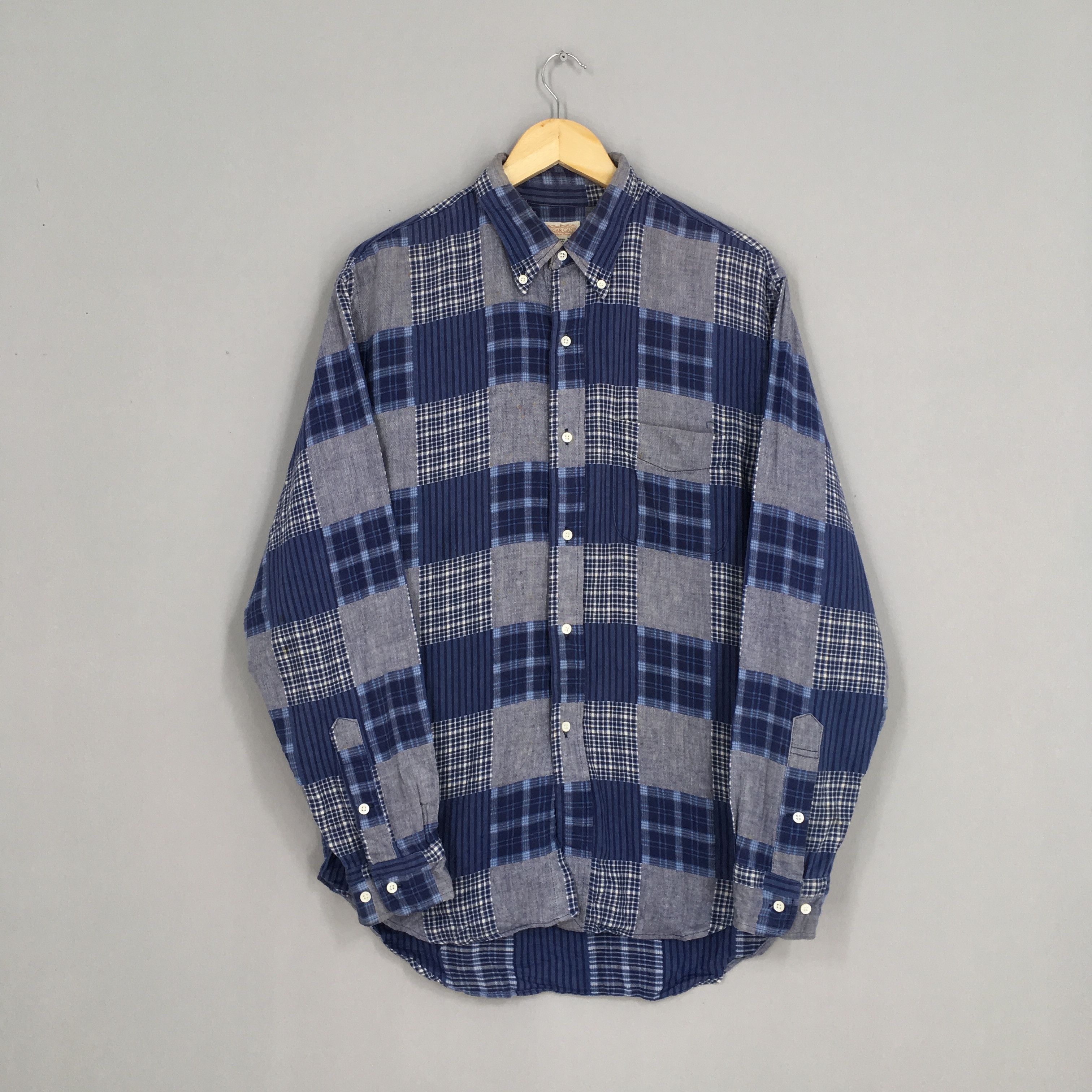 image of Vintage Sugar Cane Patchwork Denim Flannel Mens Large in Checkered