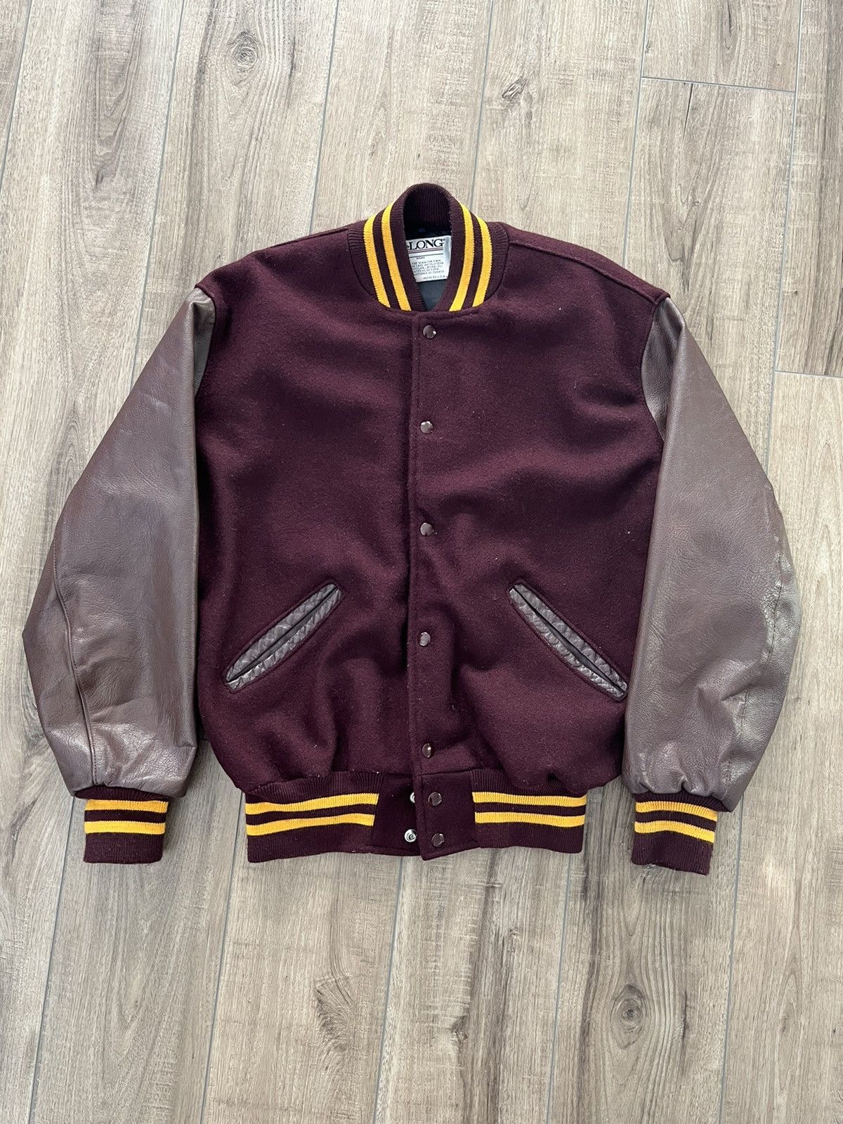 image of Delong Varsity Jacket Maroon Burgundy Gold Accents L, Men's (Size Large)