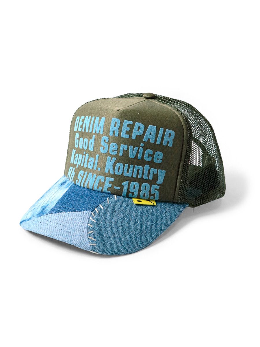 image of Kapital 2022 Ss Denim Repair Reconstructed Trucker Cap in Dark Green, Men's
