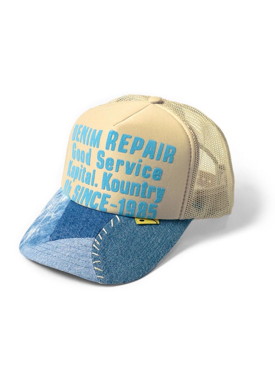 image of Kapital 2022 Ss Denim Repair Reconstructed Trucker Cap in Beige, Men's
