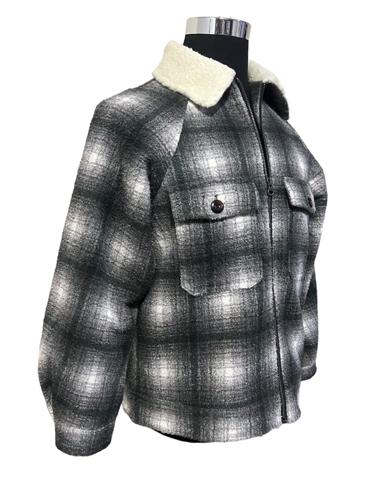 GU VINTAGE 90s SHADOW PLAID WOOL FULL ZIP WITH SHERPA COLLAR Size M / US 6-8 / IT 42-44 - 18 Thumbnail