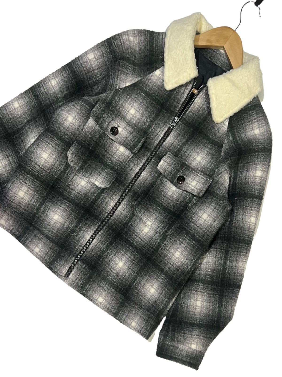 GU VINTAGE 90s SHADOW PLAID WOOL FULL ZIP WITH SHERPA COLLAR Size M / US 6-8 / IT 42-44 - 6 Thumbnail