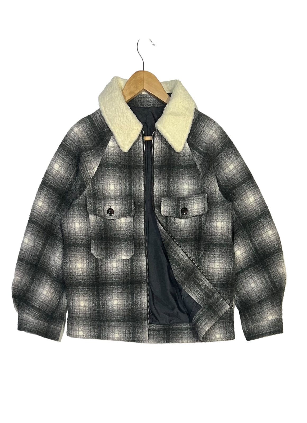 GU VINTAGE 90s SHADOW PLAID WOOL FULL ZIP WITH SHERPA COLLAR Size M / US 6-8 / IT 42-44 - 1 Thumbnail