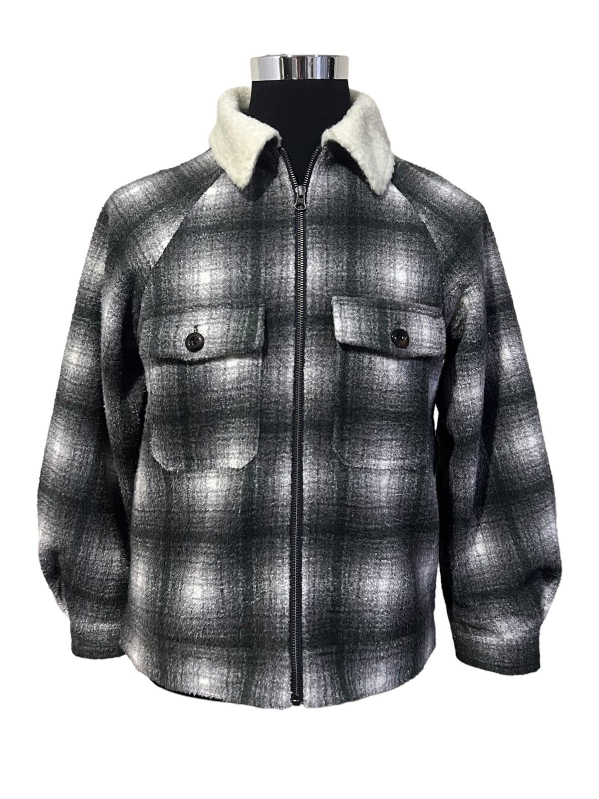 GU VINTAGE 90s SHADOW PLAID WOOL FULL ZIP WITH SHERPA COLLAR Size M / US 6-8 / IT 42-44 - 15 Thumbnail