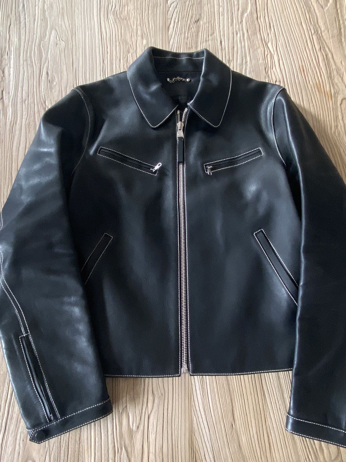 image of Grail Contrast Stitch Kim Jones Leather Jacket in Black, Men's (Size Medium)