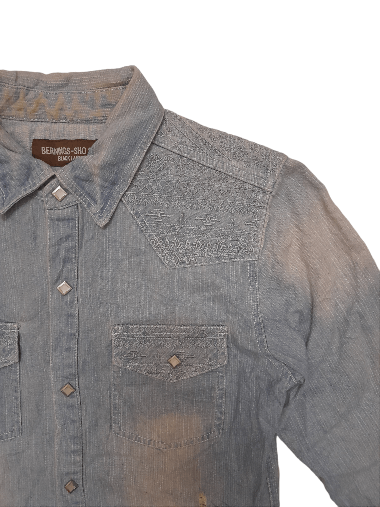 Japanese Brand Bernings Sho 291 Embroidered Shashiko Denim Shirt (E271) Size US M / EU 48-50 / 2 - 4 Thumbnail
