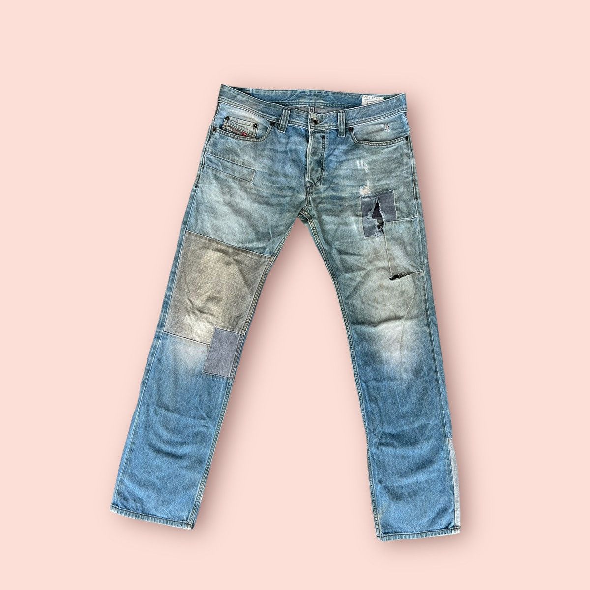 image of Diesel Safado Distressed Patchwork Jeans in Blue Fade, Men's (Size 34)