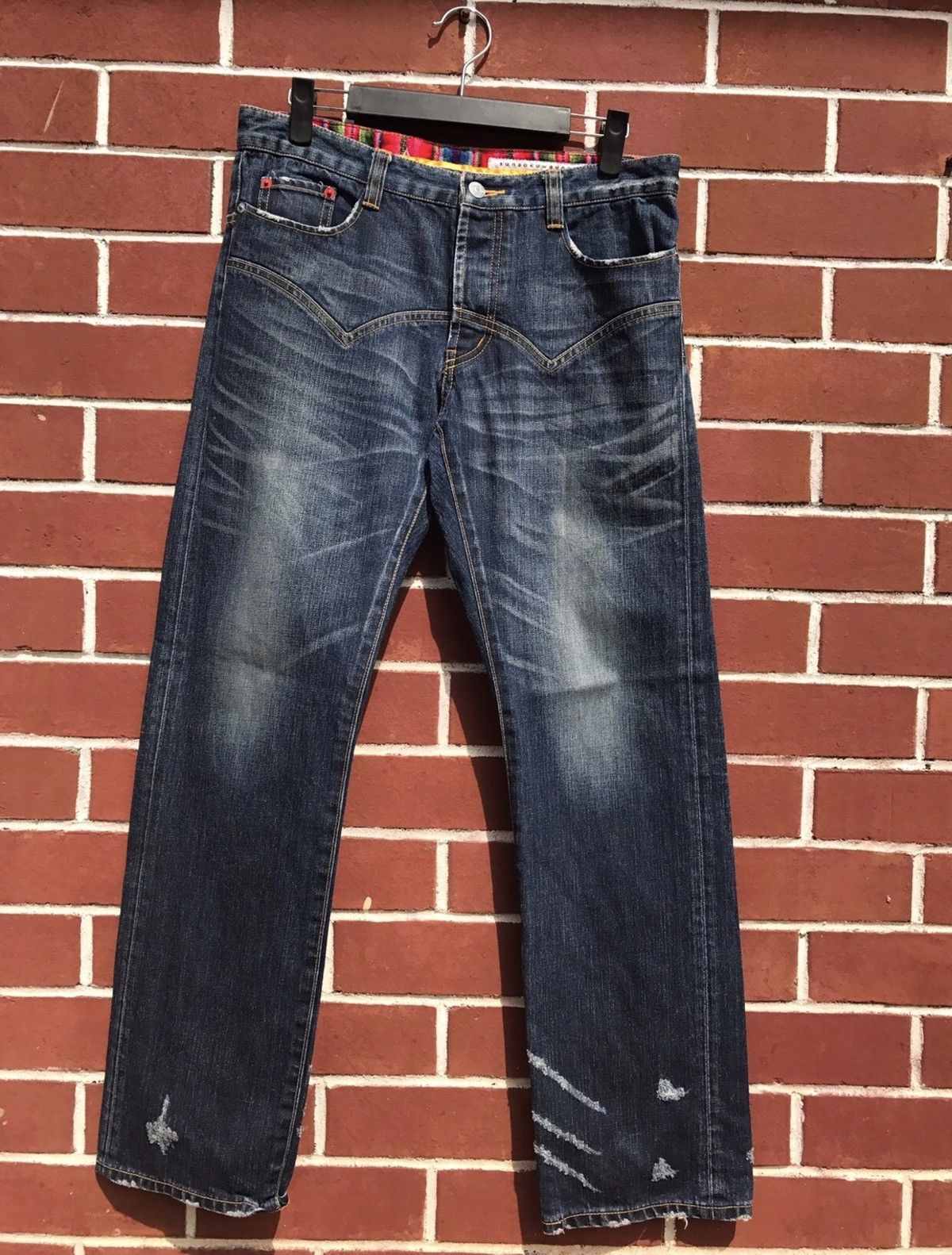image of Issey Miyake Sunao Kuwahara Designer Distressed Buckle Back Jeans in Indigo Wash, Men's (Size 32)