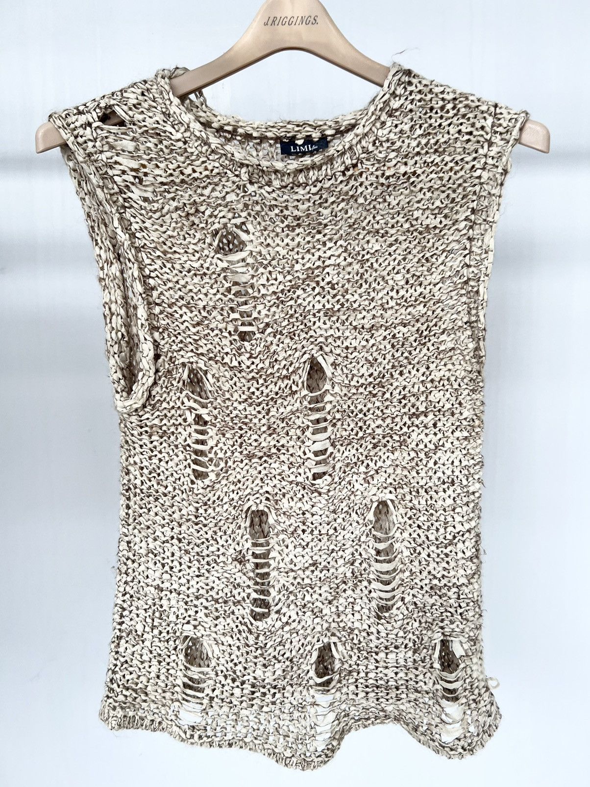 image of Limi Feu x Yohji Yamamoto Distressed Grunge Loose Knit Top in Beige Khaki Light, Men's (Size Medium