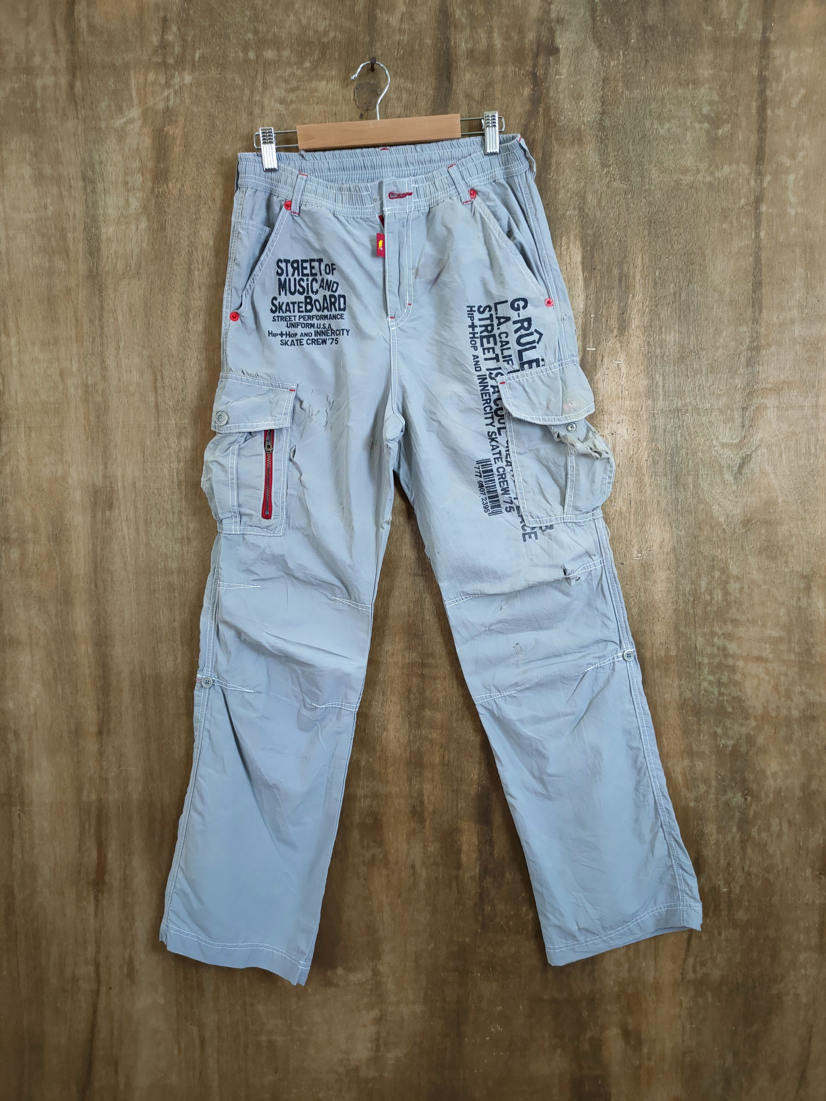 image of Skategang x Think Skateboards G-Rulez Street Music Skateboard Distressed Pants 46-757 in Grey (Size