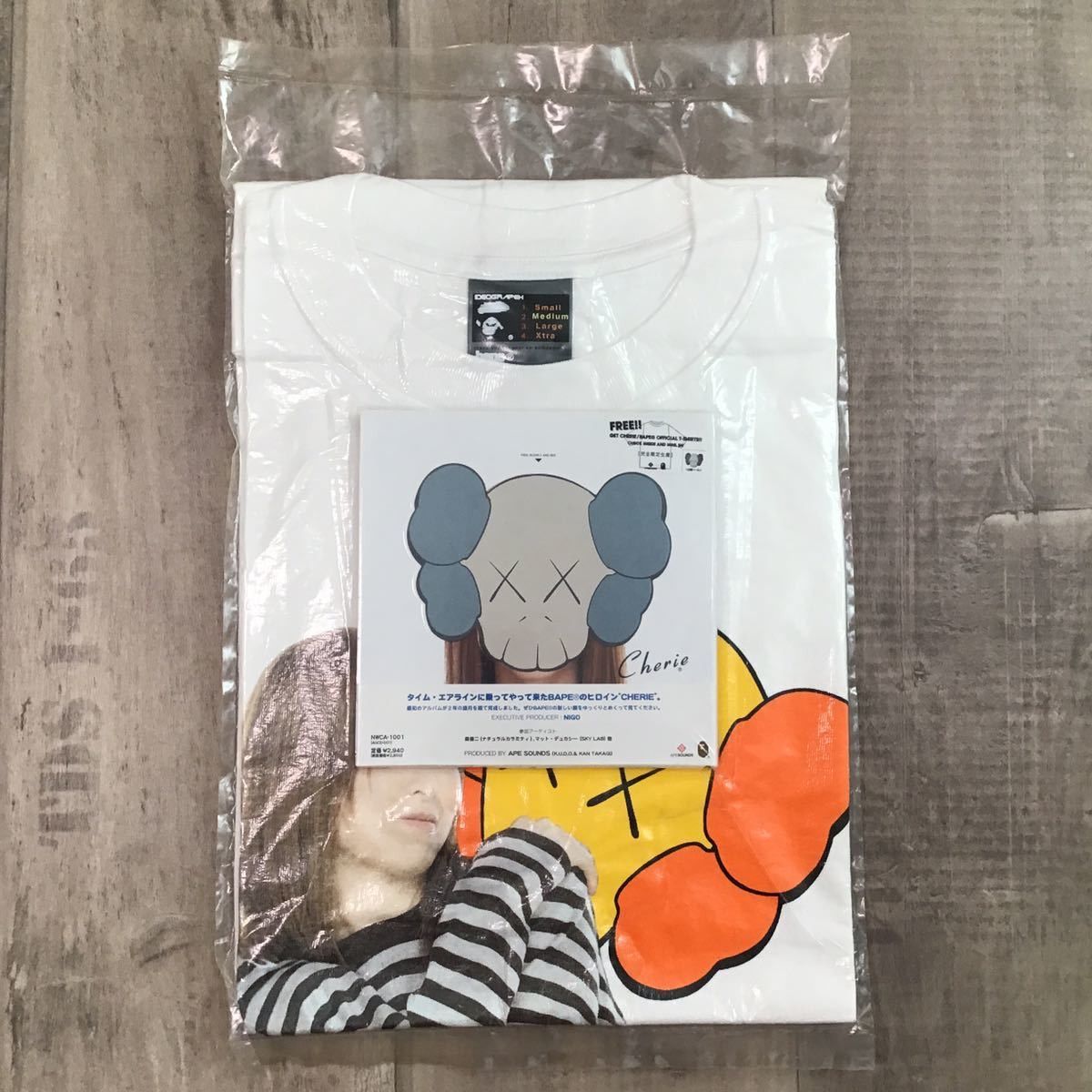 image of Bape × Kaws × Cherie Bendy T-Shirt & Cd Set Nigo Ape Sounds in White, Men's (Size Medium)