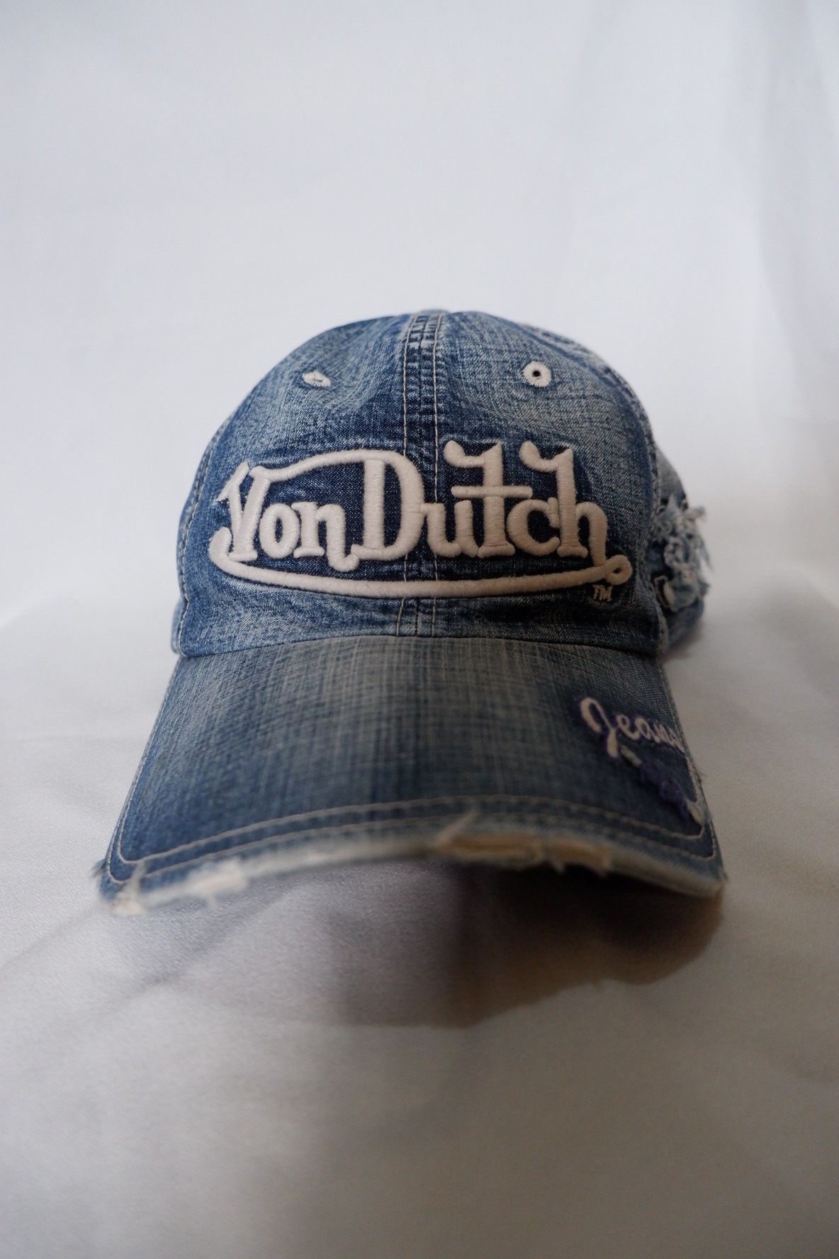 Pre-owned Von Dutch Y2k  Distressed Denim Strapback Hat In Blue Jean