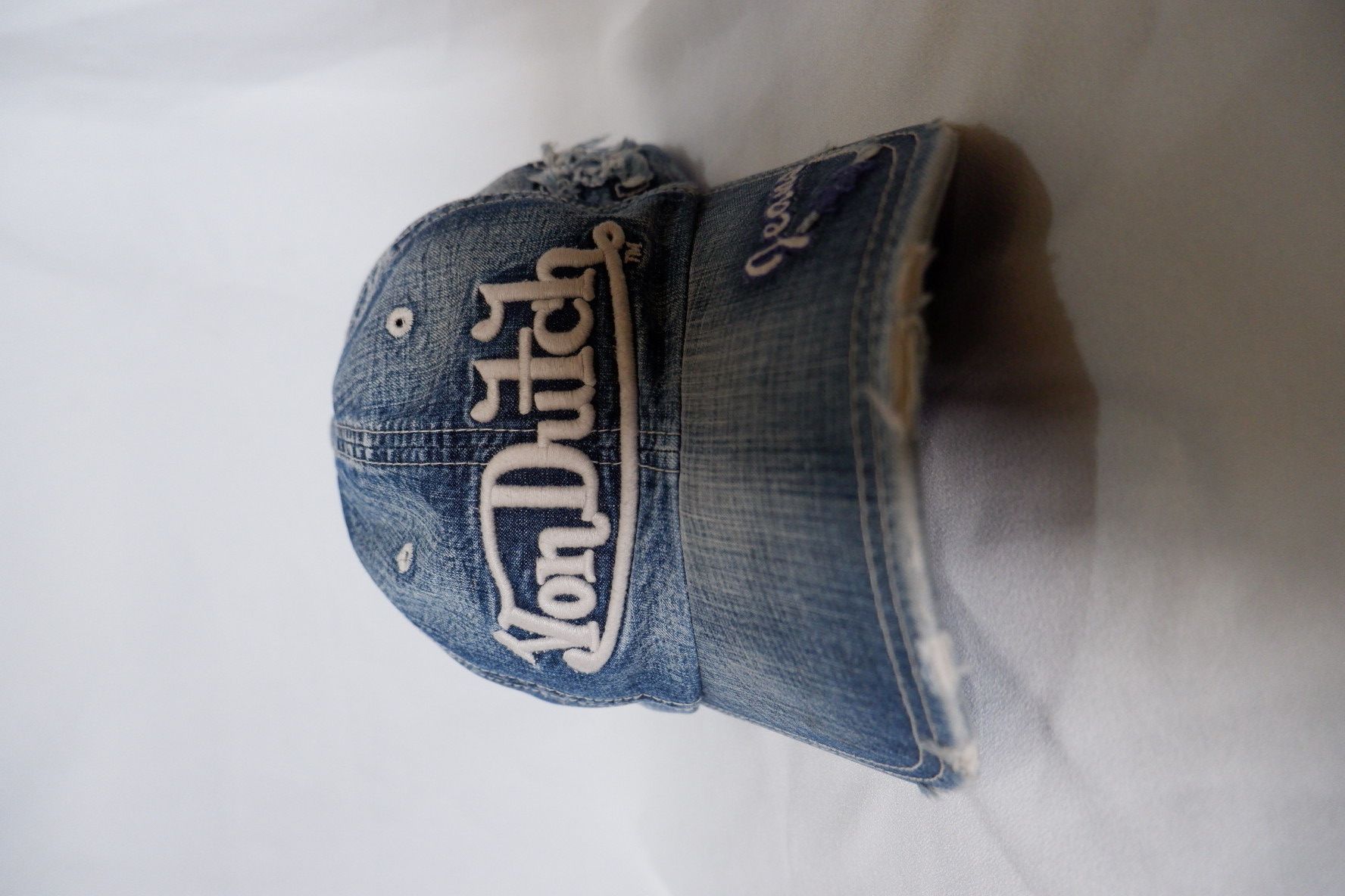 image of Y2K Von Dutch Distressed Denim Strapback Hat in Blue Jean, Men's