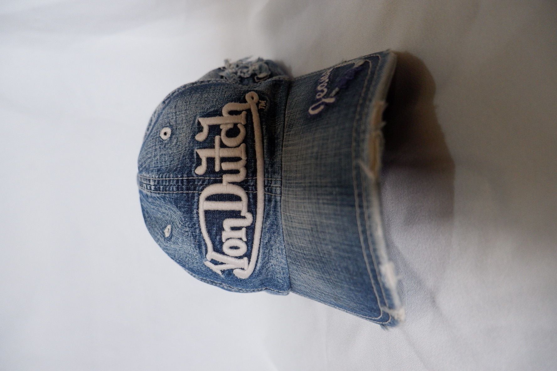 Pre-owned Von Dutch Y2k  Distressed Denim Strapback Hat In Blue Jean