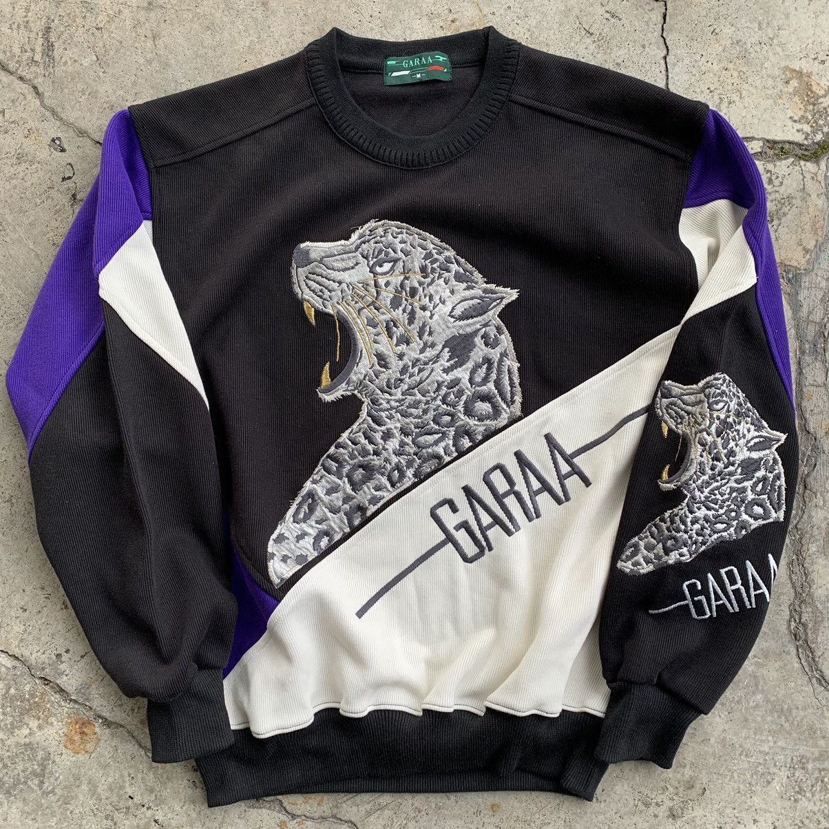 image of Garaa Leapord Cheetah Image Art Vintage Sweatshirt in Black Purple White, Men's (Size Medium)