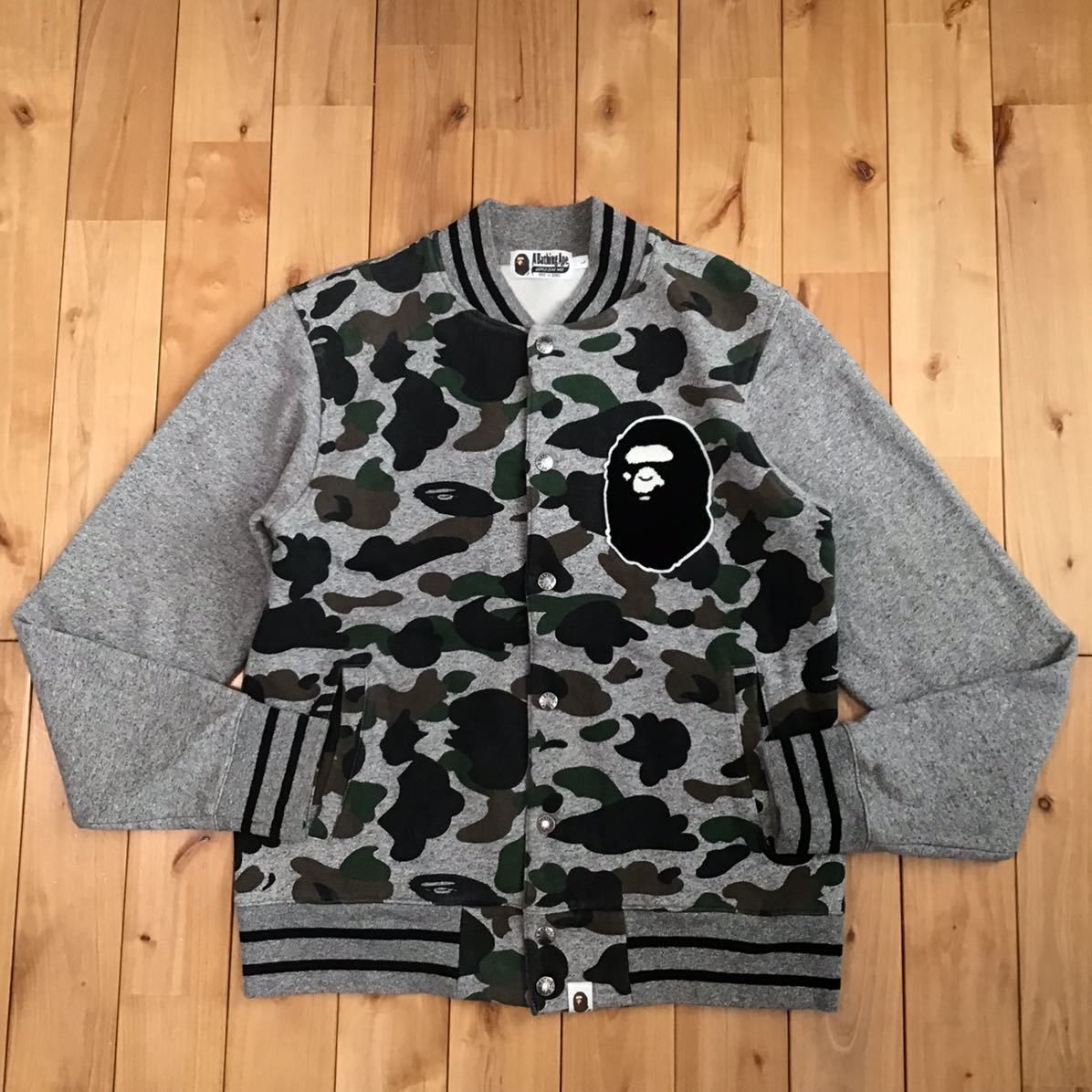 image of Bape Heather Gray Sweat Varsity Jacket A Bathing Ape in Heaher Gray, Men's (Size Large)