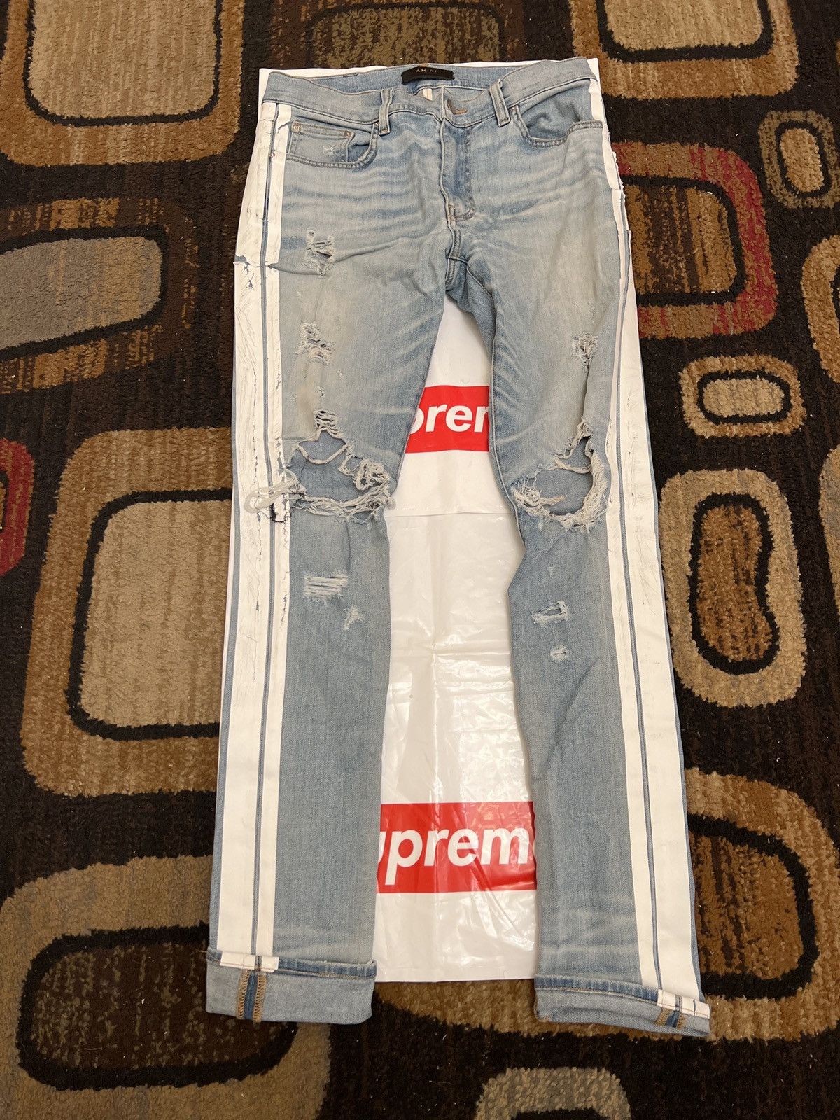 image of Mike Amiri Blue/white Track Denim Jeans in Red/Black, Men's (Size 33)