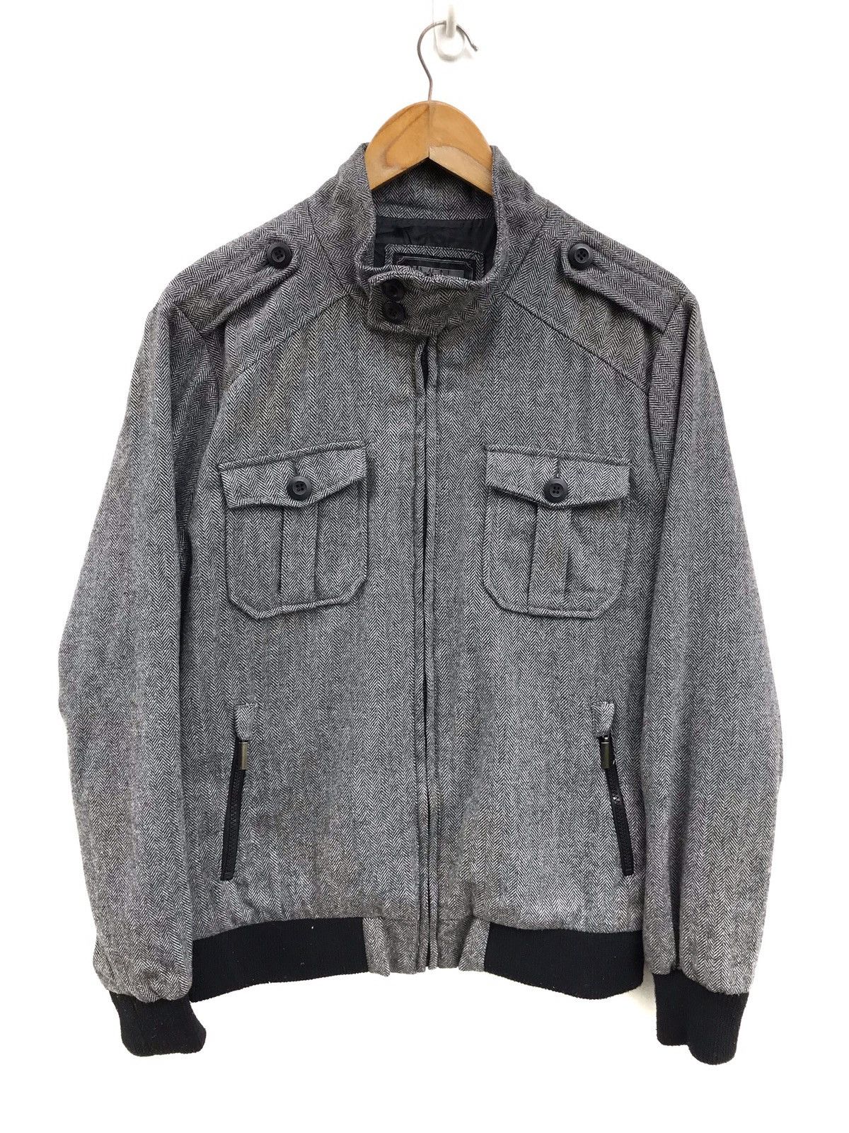 21 Men 21 Men Grey Herringbone Wool Bomber Jacket Size US M / EU 48-50 / 2 - 1 Thumbnail