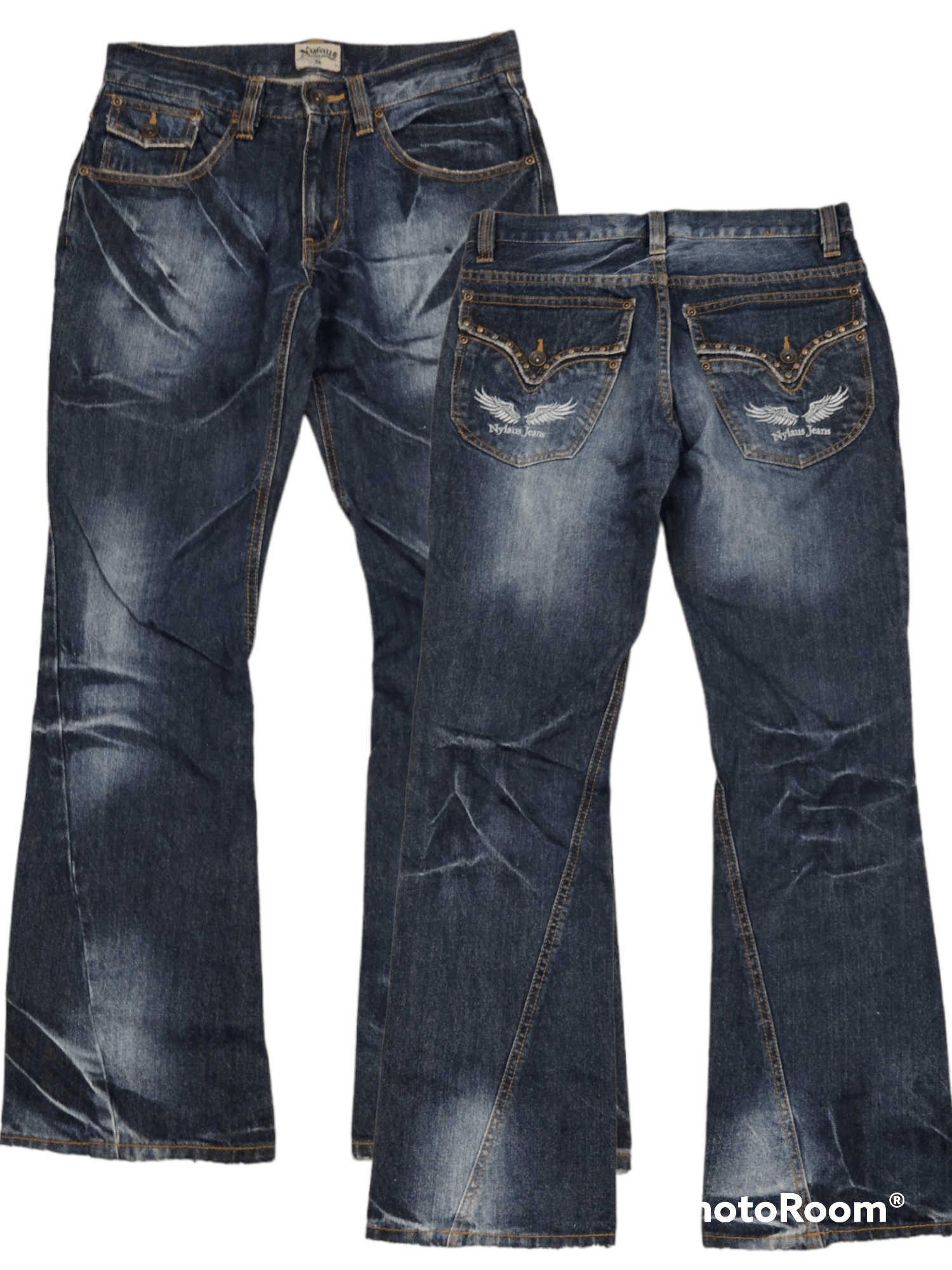FLARE TWIST WASHED BLUE NYLAUS DENIM PANTS