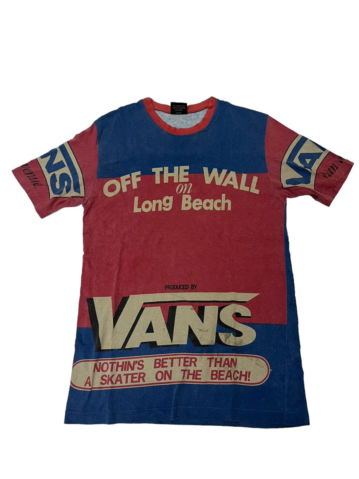 image of Archival Clothing x Vans Vintage Vans Off The Wall On Long Beach Full Print T Shirt in Blue (Size L