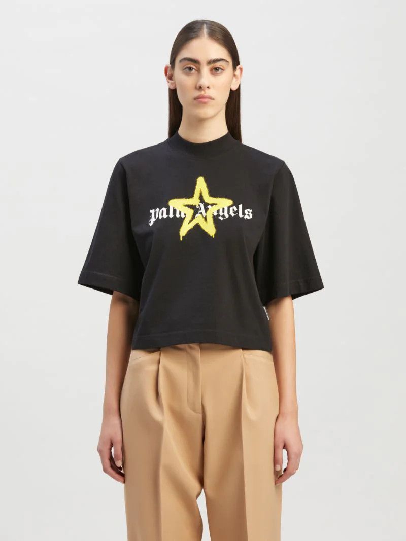 Palm Angels Black and Yellow Sprayed Star Logo Cropped T-Shirt Size XS / US 0-2 / IT 36-38 - 2 Thumbnail