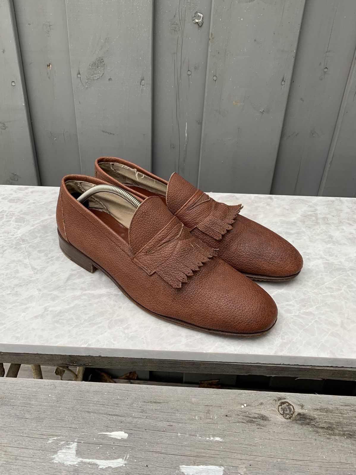 Vintage Lanvin Pebbled Brown Leather Fringe Loafers Tassle