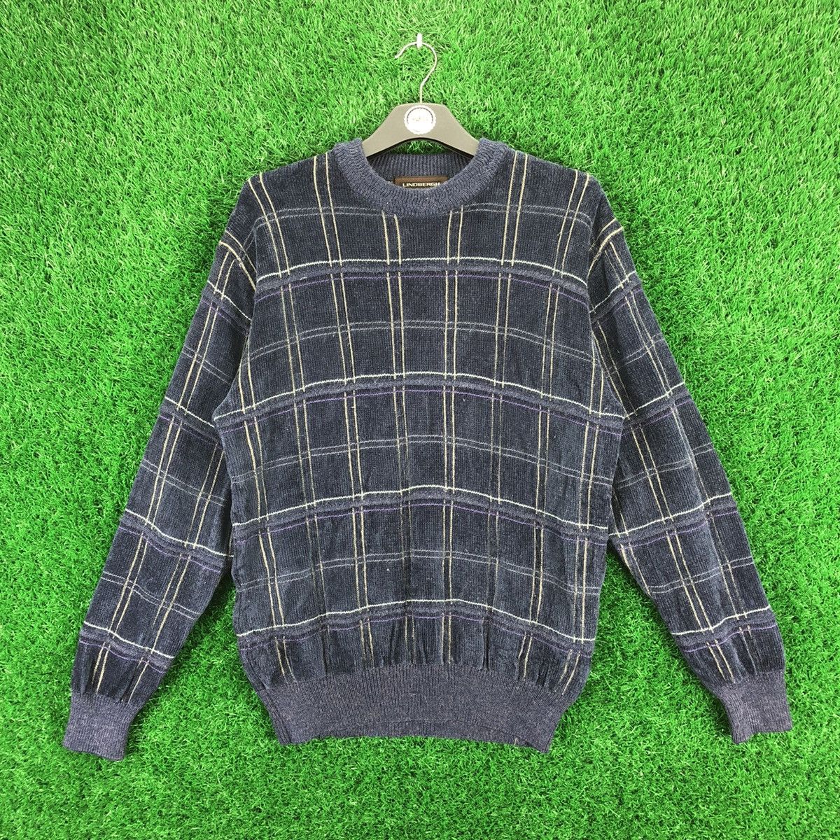 image of Aran Isles Knitwear x Coloured Cable Knit Sweater Vintage Knit Sweater Checker By Lindbergh in Blue