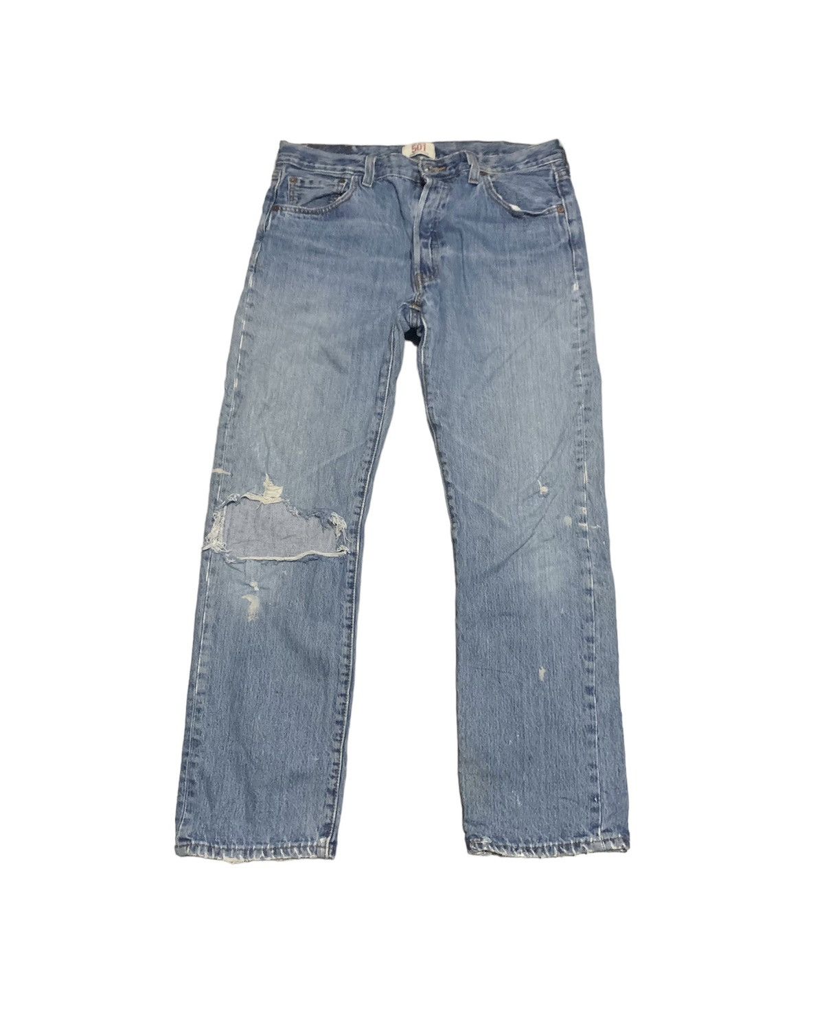 image of Distressed Denim x Levis Vintage 90's Levis 501 Faded Blue Jeans Distressed in Blue Denim (Size 35)