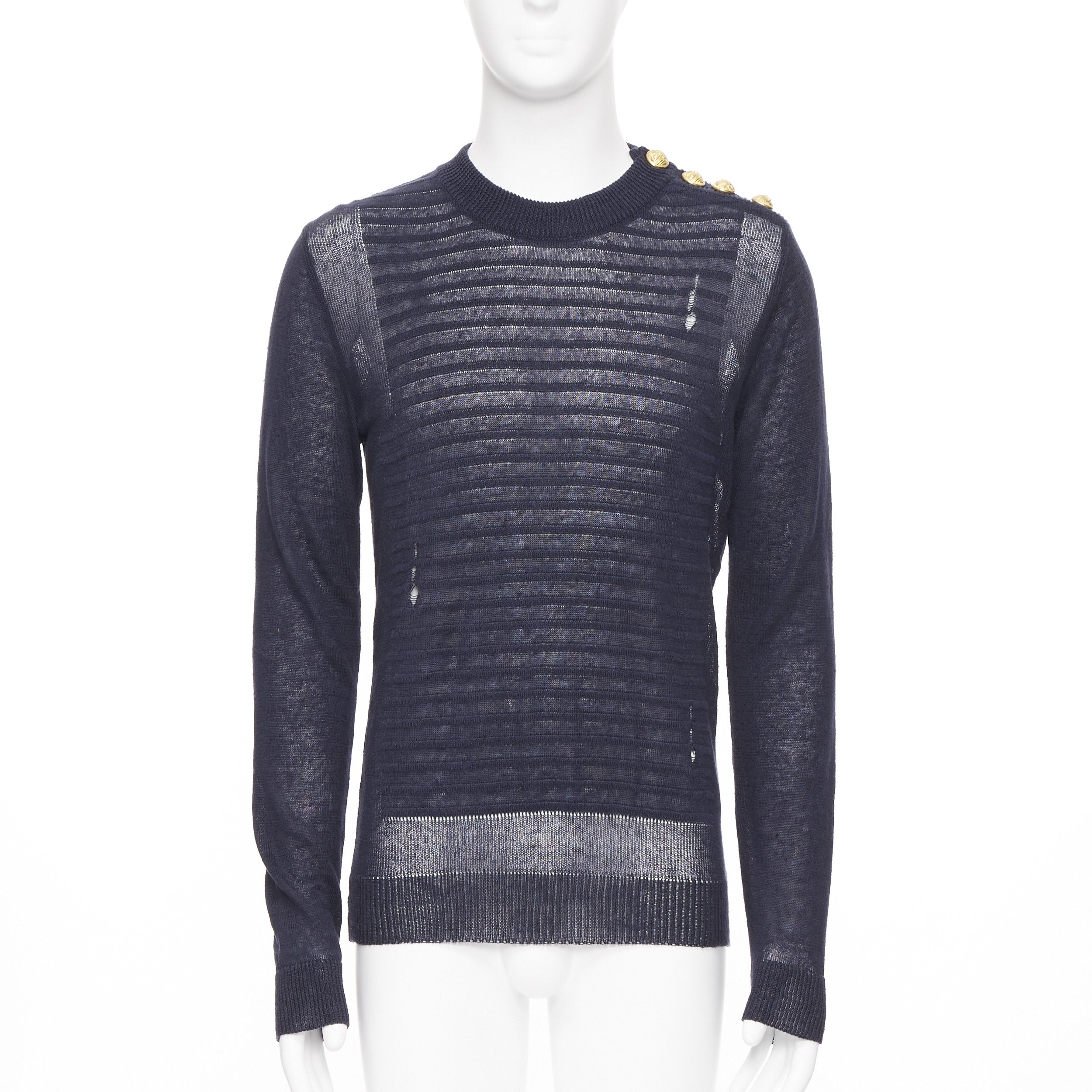 image of New Balmain 100% Linen Navy Stripe Gold Military Button Distressed Sweater Xs in Black, Men's