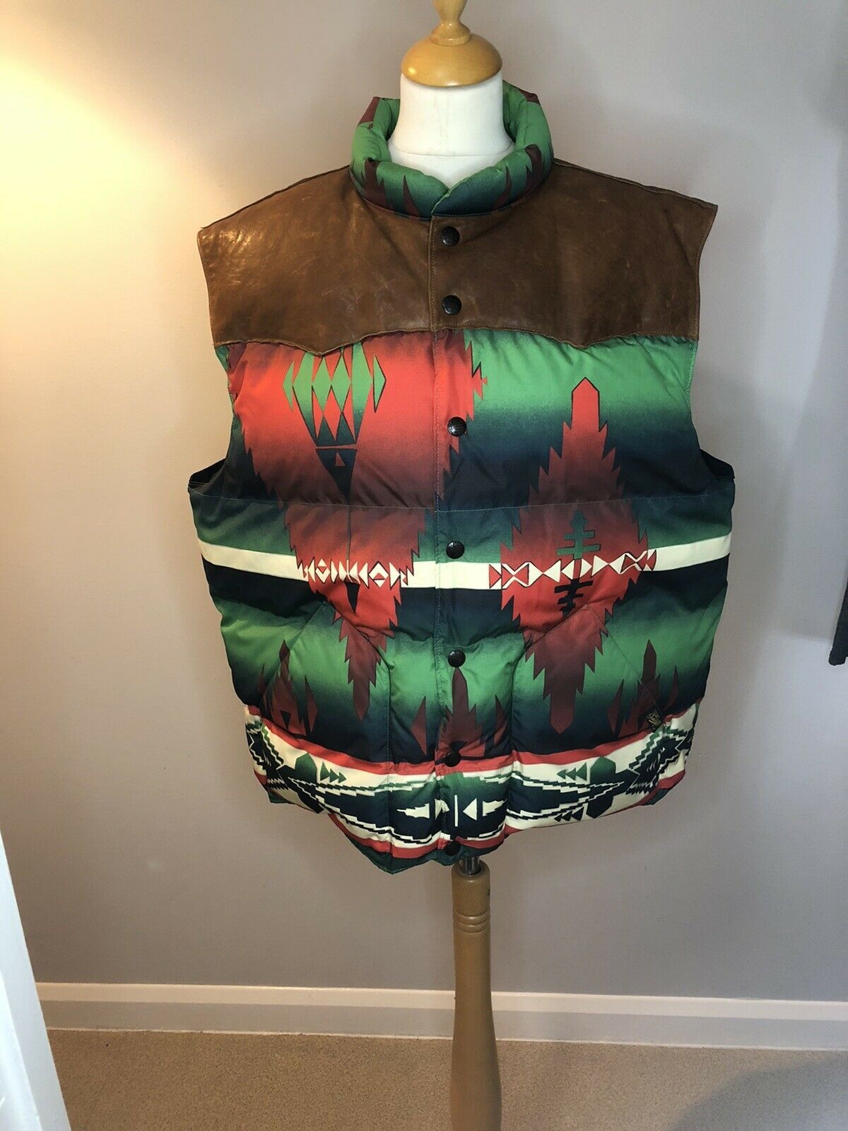 image of Vintage Polo Ralph Laurent Down Aztec Leather Pad Vest , Men's (Size 2XL)