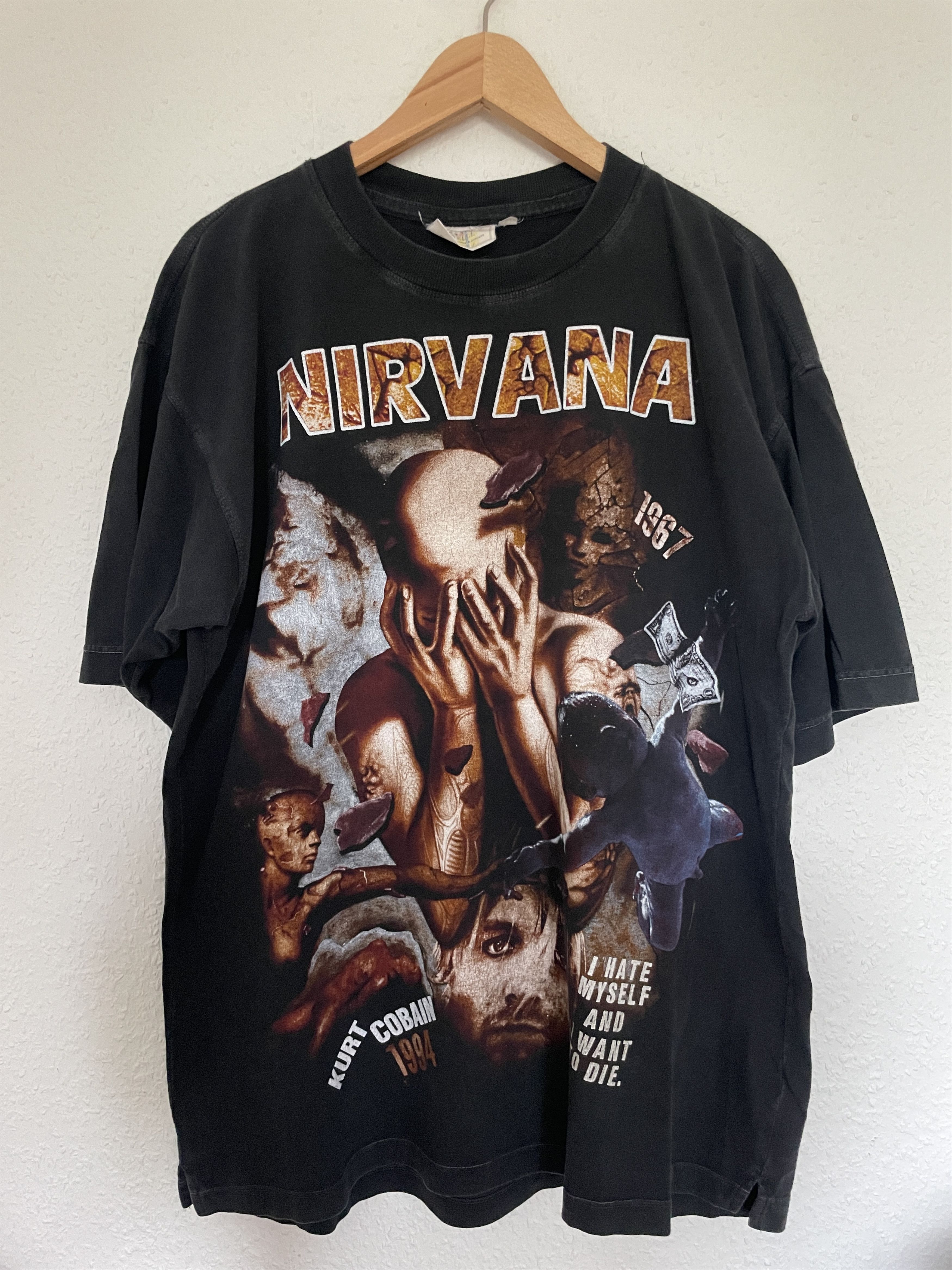 image of Band Tees x Vintage Nirvana Kurt Cobain Why Bootleg T-Shirt in Black, Men's (Size XL)