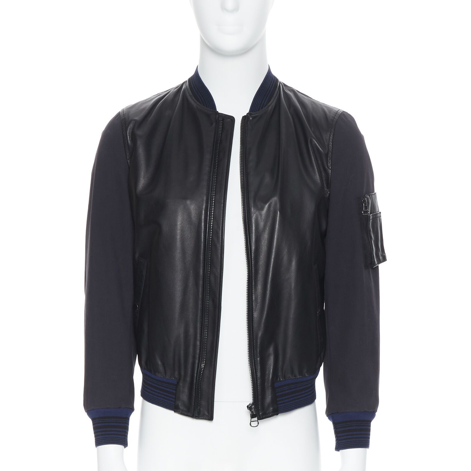 image of Lanvin Alber Elbaz Black Contrast Lamb Leather Front Ma1 Bomber Jacket Eu44 Xs, Men's