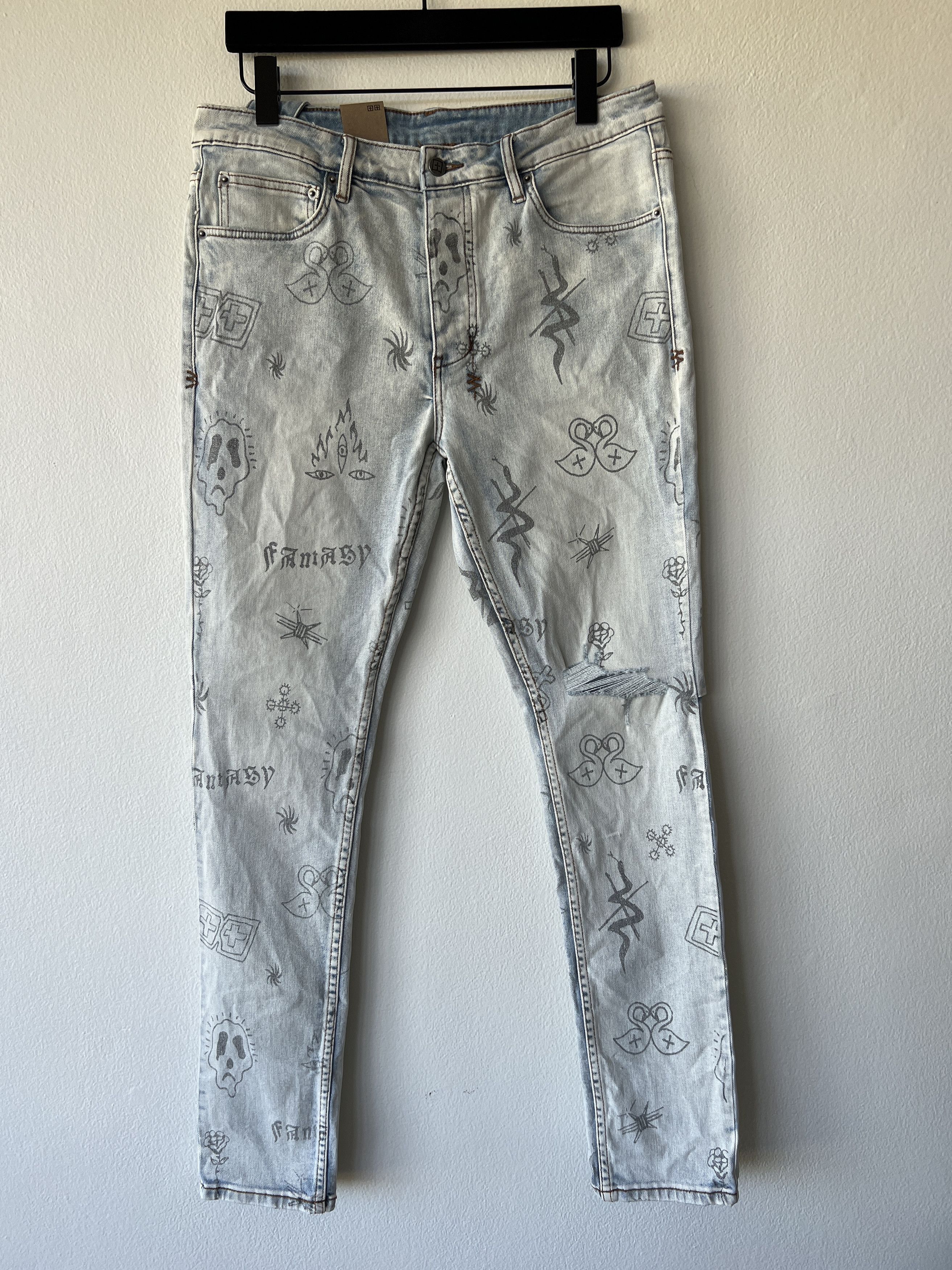 image of Ksubi Chitch Jeans Slim Blue Tattoo Print Stik N Poke Print, Men's (Size 34)