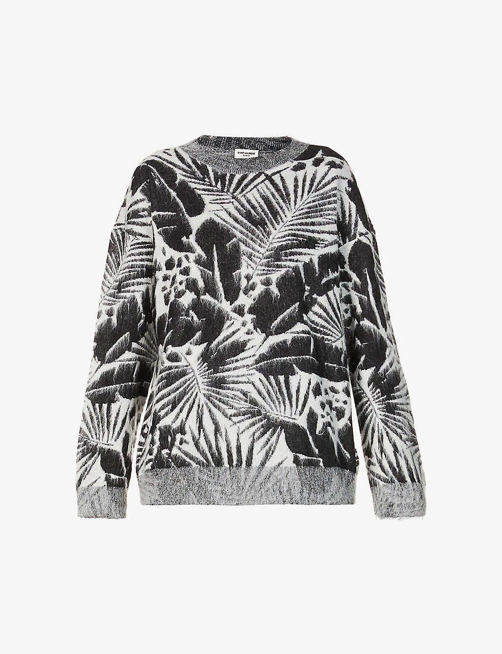 image of Saint Laurent Paris Saint Laurent Tropical Leaves Intarsia Mohair Sweater in Black White (Size Medi