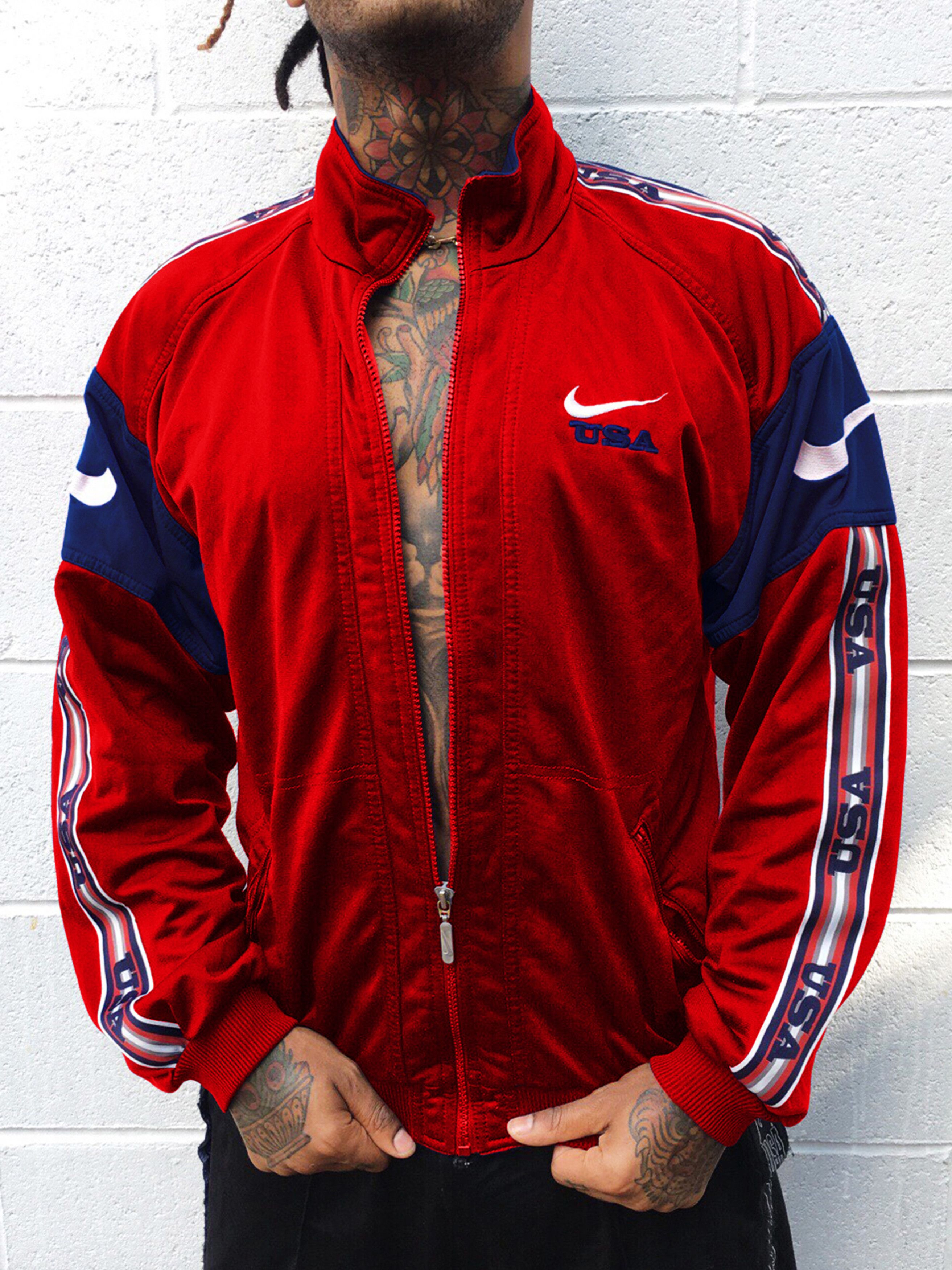 VINTAGE Nike Velour Track Jacket Men's S Black Red Full Zip