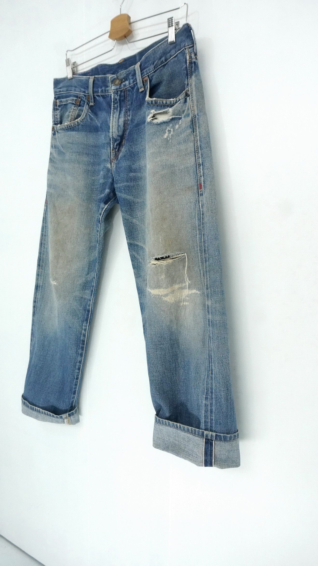 image of Distressed Denim x Edwin VTG Edwin 13Oz Grand Blue Selvedge Worn Out Aging Denim in Blue Denim (Siz