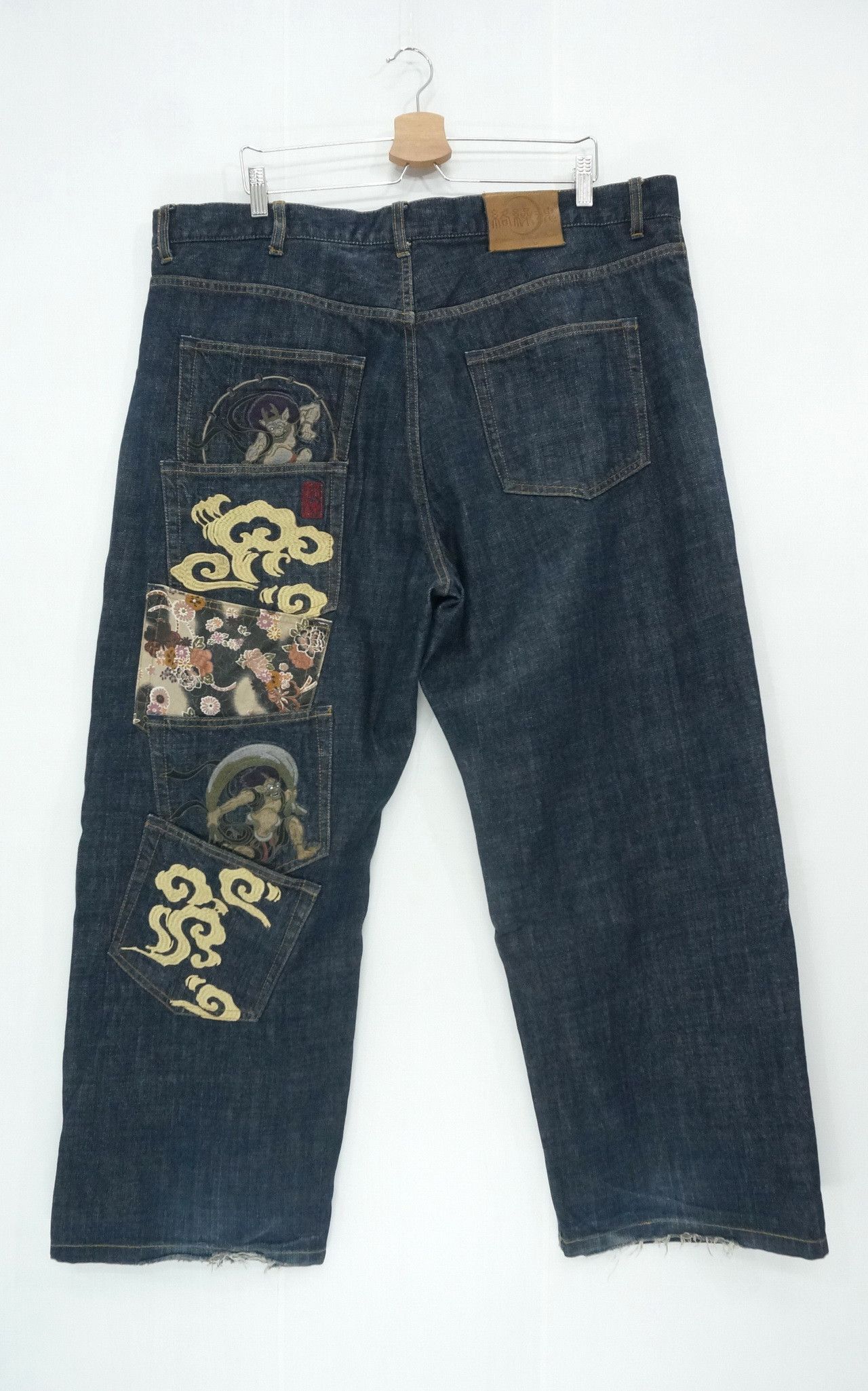 image of Sukajan Souvenir Jacket Karakuri Tamashii Fujin Raijin Size Denim in Dark Blue Denim, Men's