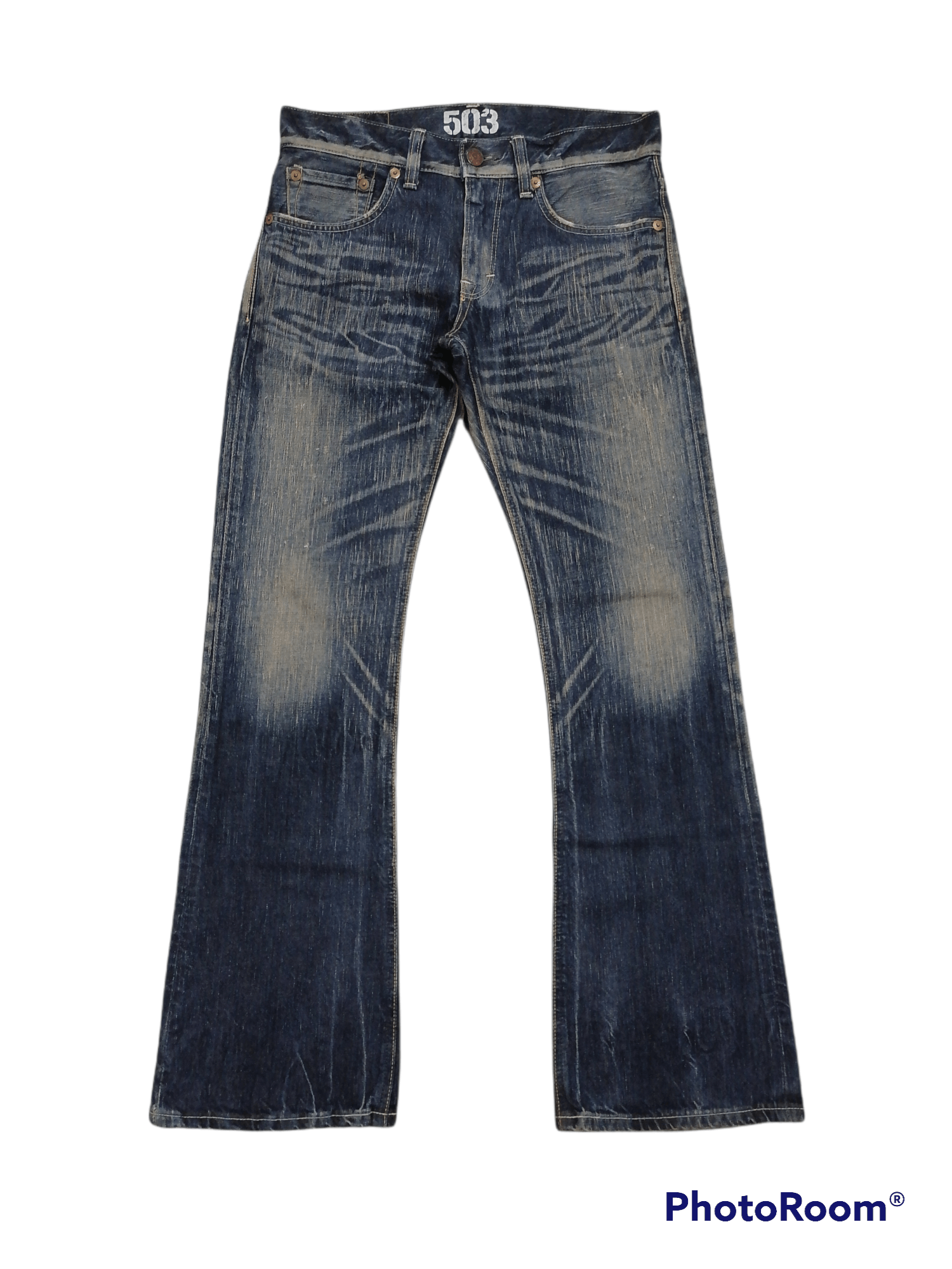 image of Avant Garde x Distressed Denim Flare Jeans Edwin 503 Claw Mark Denim Pants in Blue, Men's (Size 32)