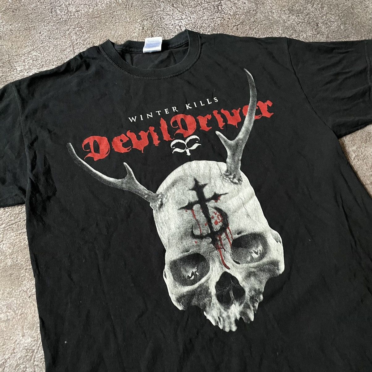 Vintage Vintage Y2K Devil Driver Graphic Tee Faded Black Goth Boxy L Size US L / EU 52-54 / 3 - 5 Thumbnail