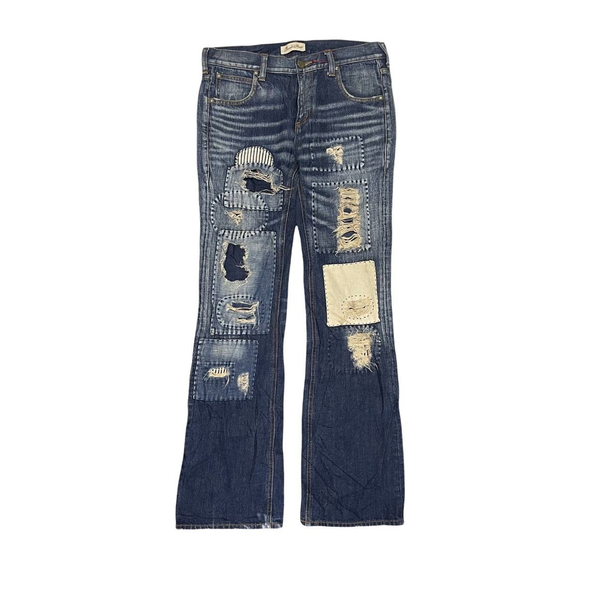 Vintage Patchwork Sashiko Patches Distressed Flare Bootcut Jeans Size US 33 - 1 Thumbnail