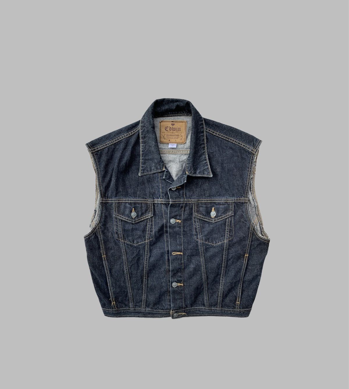 image of Edwin Japan Sleeveless Distressed Denim Vest in Blue Denim, Men's (Size Large)