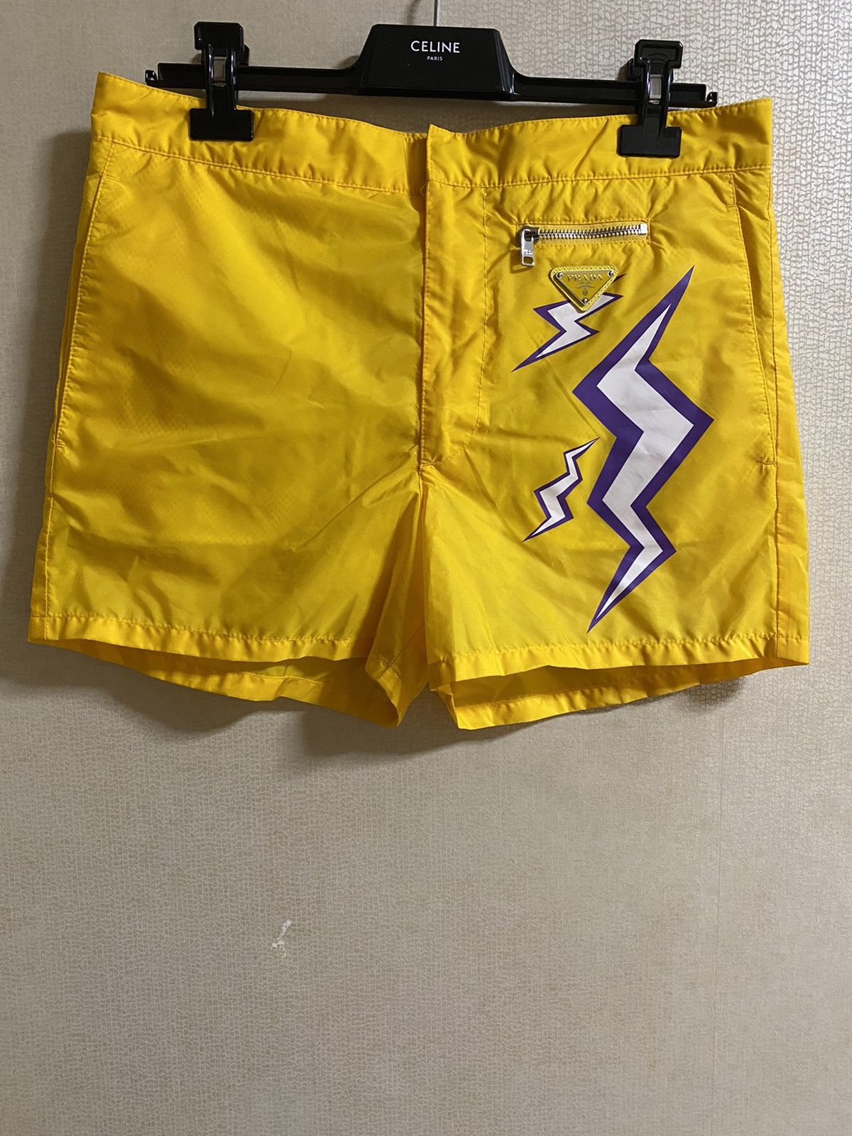 image of Prada X Universal Studios Frankenstein Swim Shorts in Yellow, Men's (Size 34)