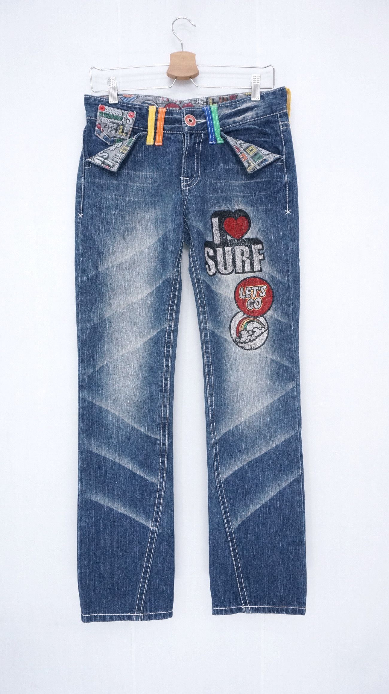 Japanese Brand Rare Vtg! BLUE MOON BLUE Rainbow Short rise Printed Denim Size US 29 - 2 Thumbnail