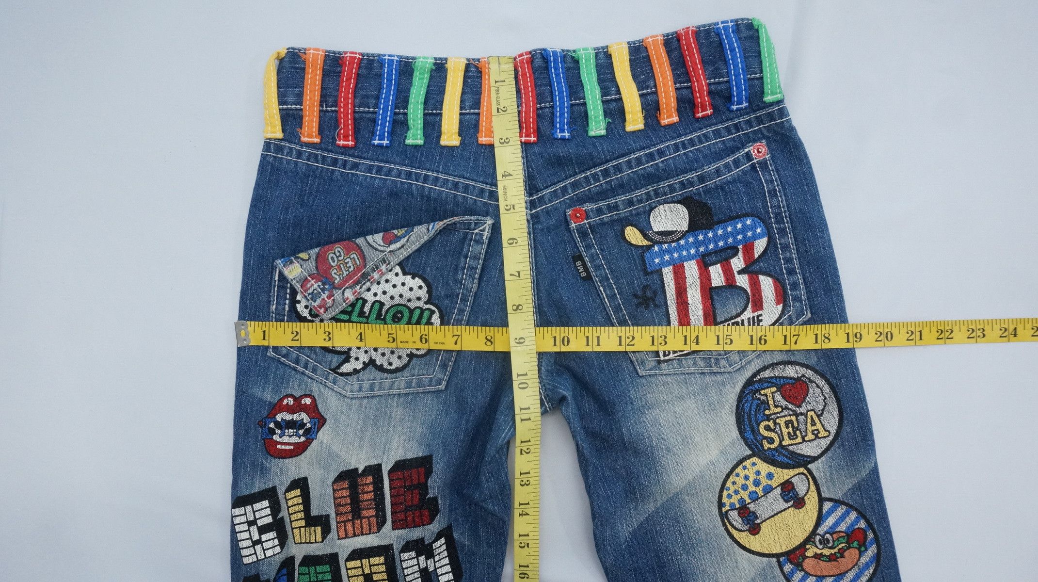 Japanese Brand Rare Vtg! BLUE MOON BLUE Rainbow Short rise Printed Denim Size US 29 - 17 Thumbnail