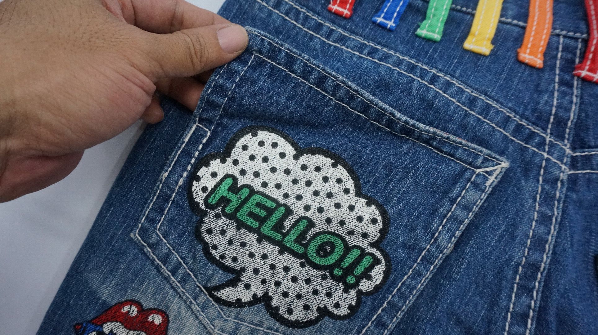 Japanese Brand Rare Vtg! BLUE MOON BLUE Rainbow Short rise Printed Denim Size US 29 - 18 Thumbnail