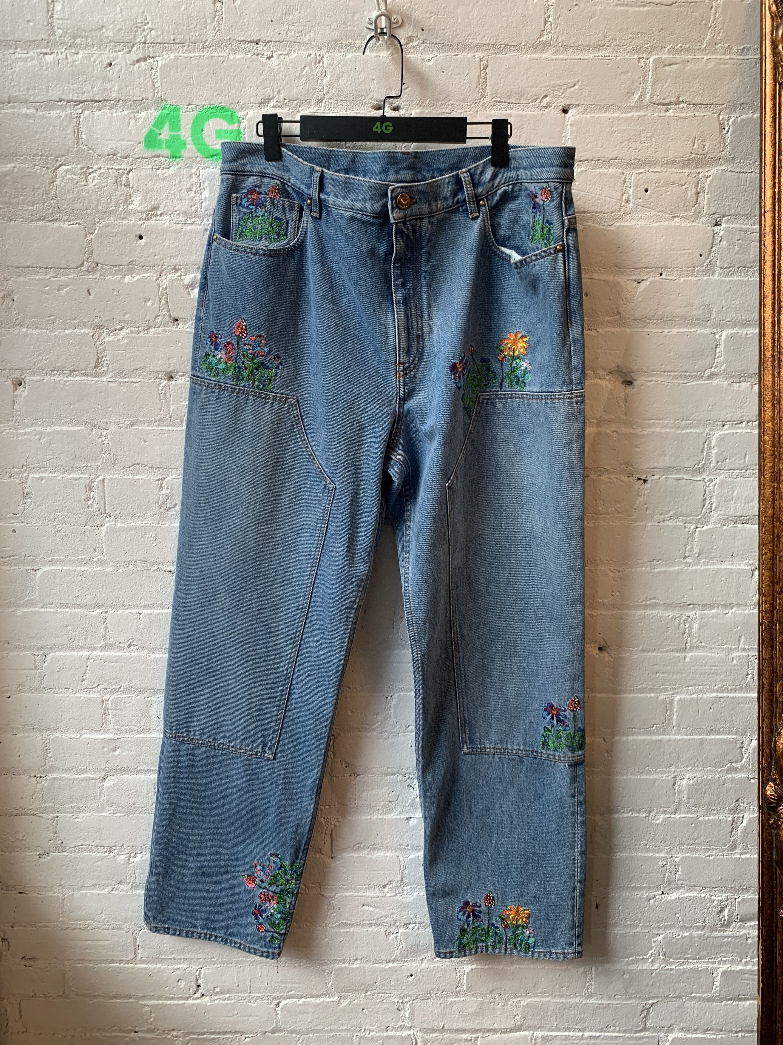 image of Louis Vuitton x Virgil Abloh Double Knee Floral Jeans in Blue, Men's (Size 38)