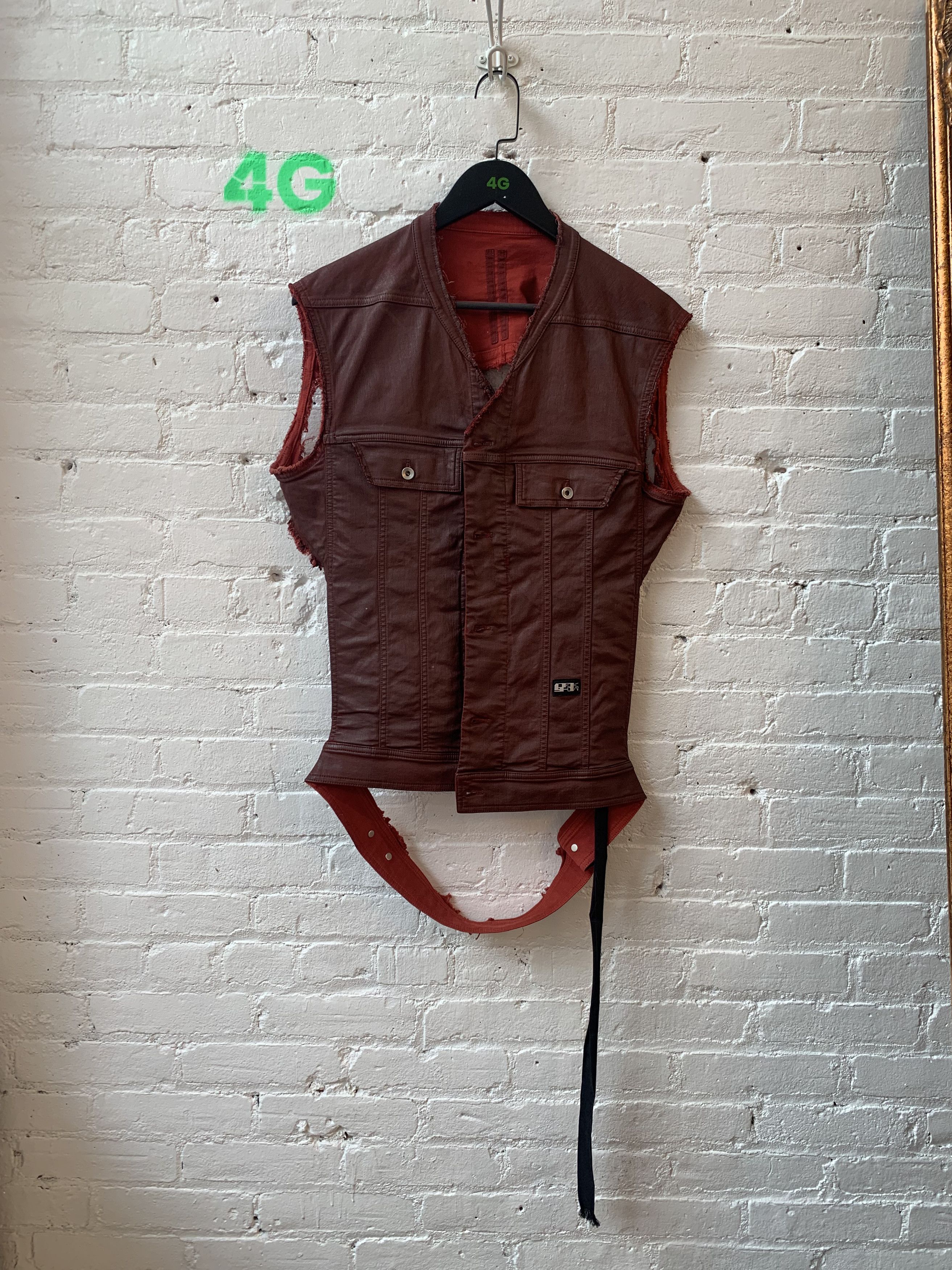 image of Rick Owens Trucker Jacket Vest Backless Blood Wax in Blood Red, Men's (Size Small)