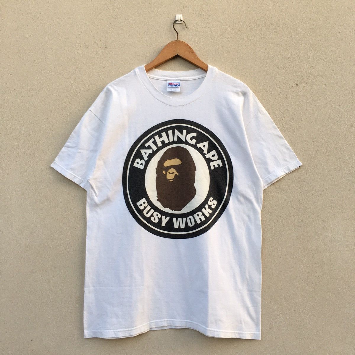 image of Bape x Vintage 90's A Bathing Ape Busy Works Hanes T-Shirt in White, Men's (Size Large)